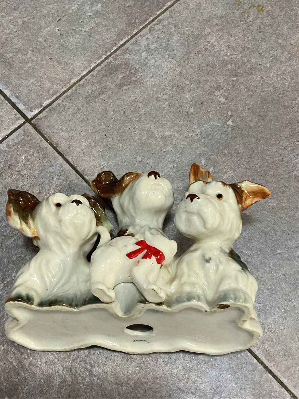 Vintage Ceramic Puppy Trio with Small Cat Figurine - Brown & Cream